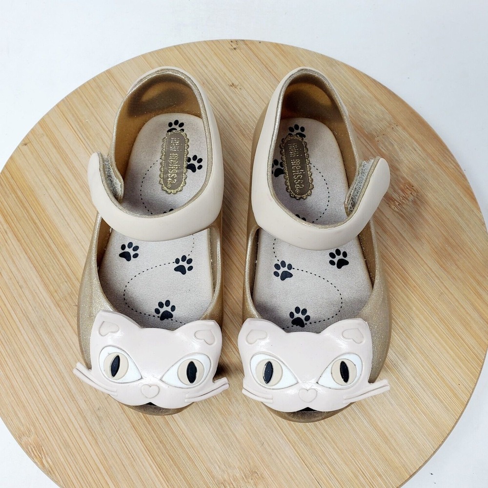 Mini Melissa Shoes Kids 7‎ Cat Gold Glitter Sparkle Kitty Mary Jane Ultragirl